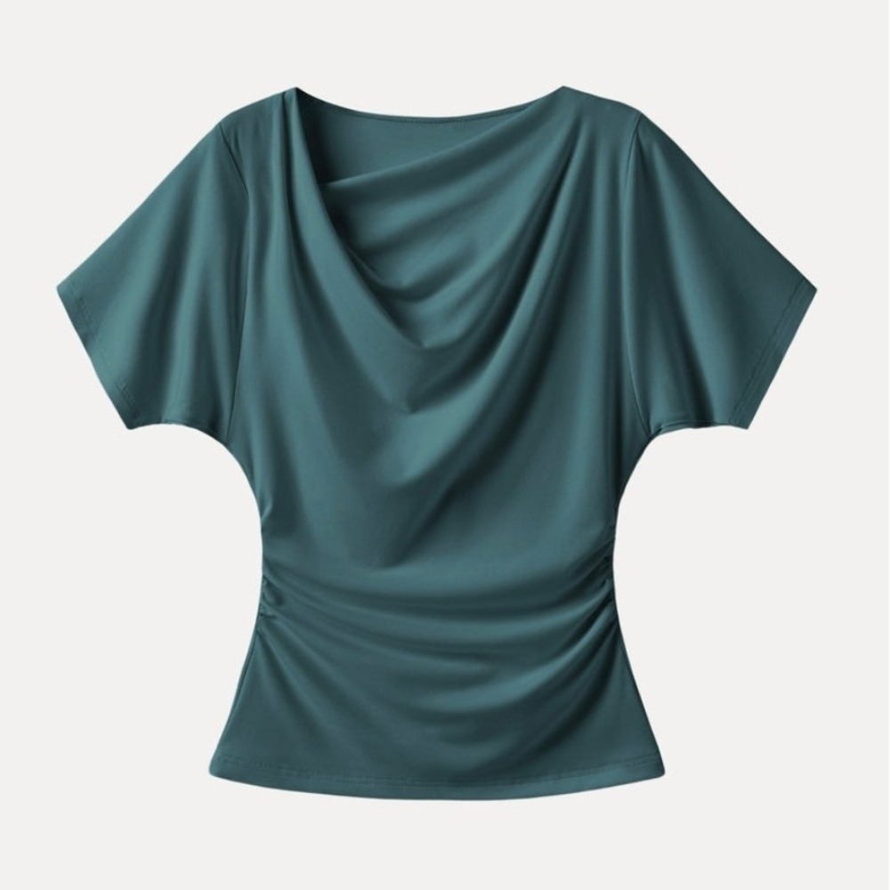 OGL Move Deep Water Teal Cowl Neck Ruched Short Sleeve Top Blouse Medium NWT